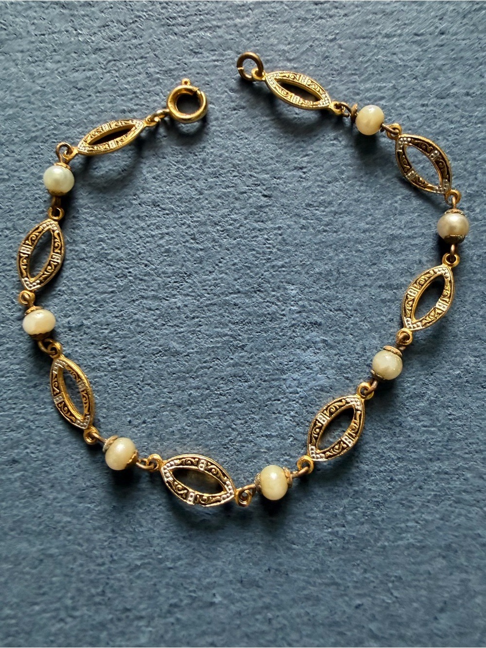 Vintage Damascene Style & Faux Pearl Bracelet